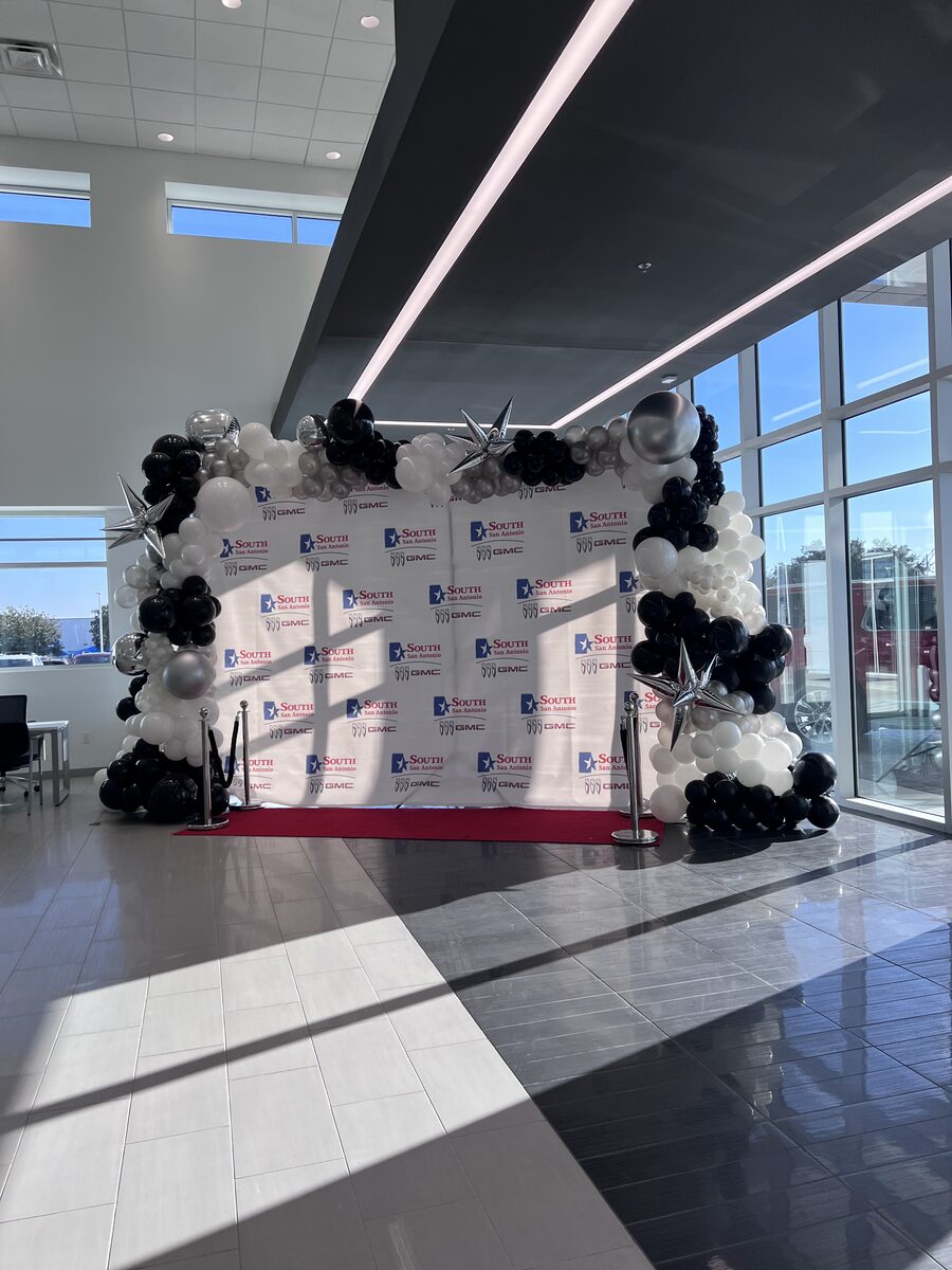 Custom balloon arch for auto dealership grand opening San Antonio Texas
