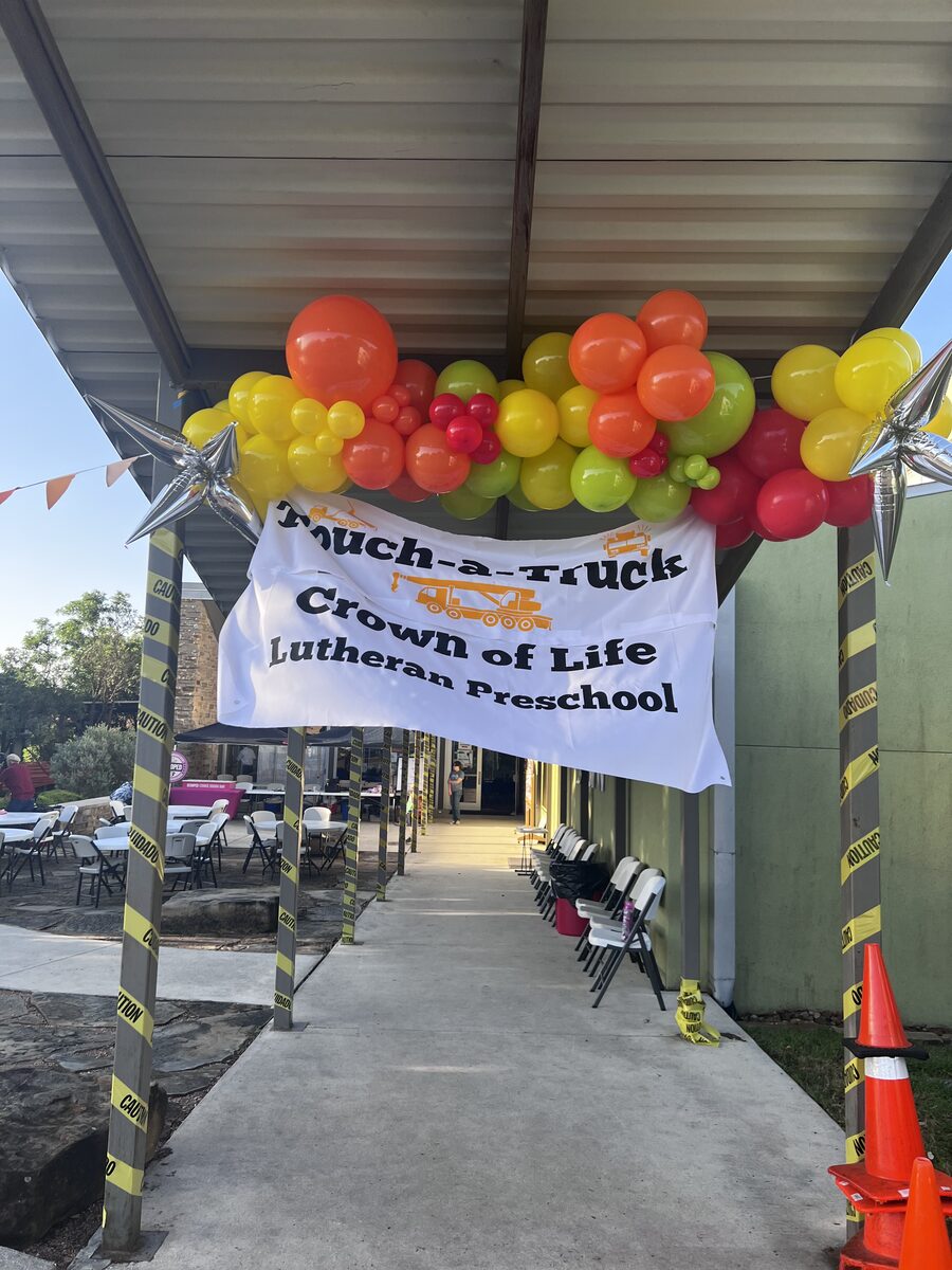 Custom balloon arch for Touch a Truck children's event San Antonio Texas